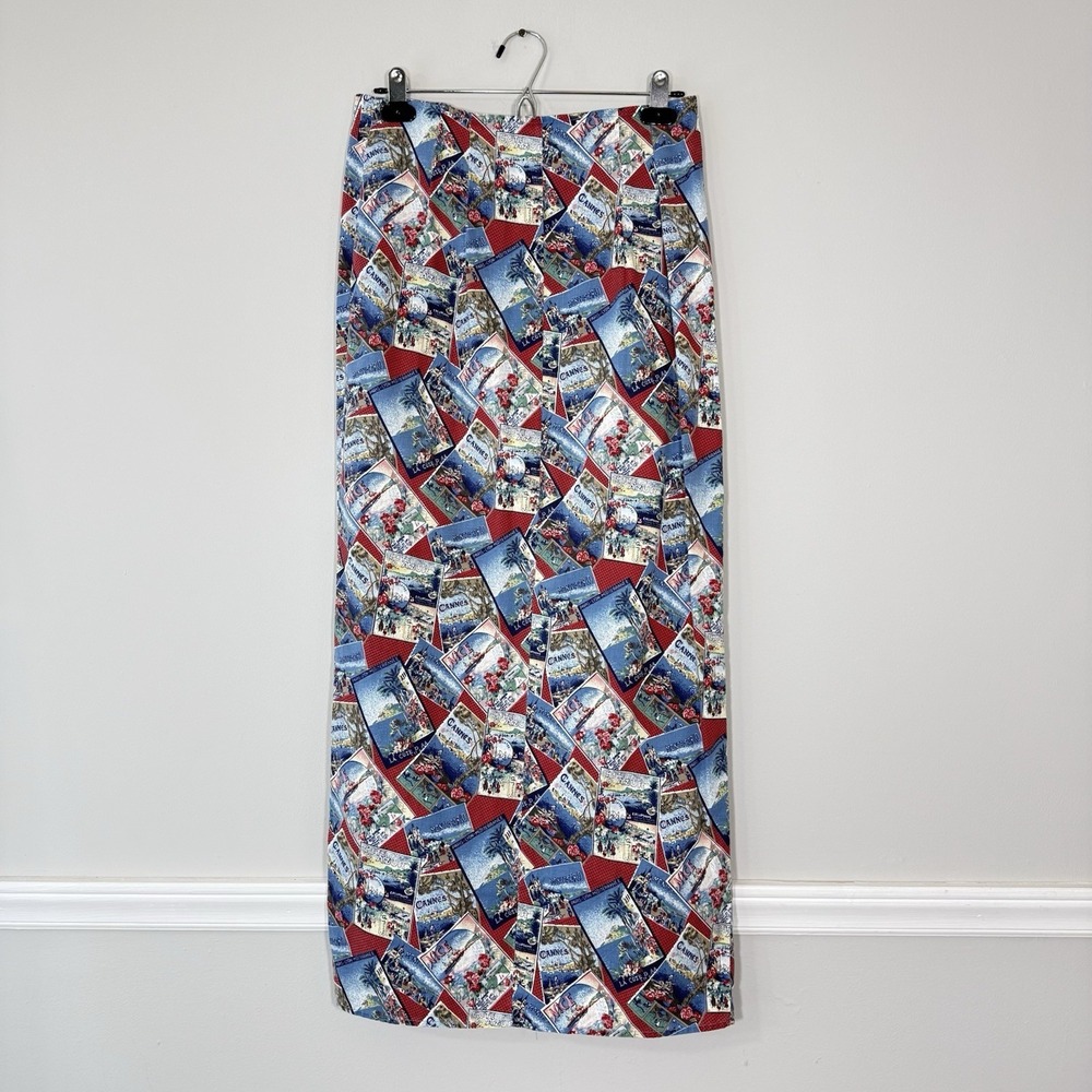 VTG Ruff Hewn Wrap Maxi Skirt Womens Sz 10 France Cannes Print Cruise Resort 90s
